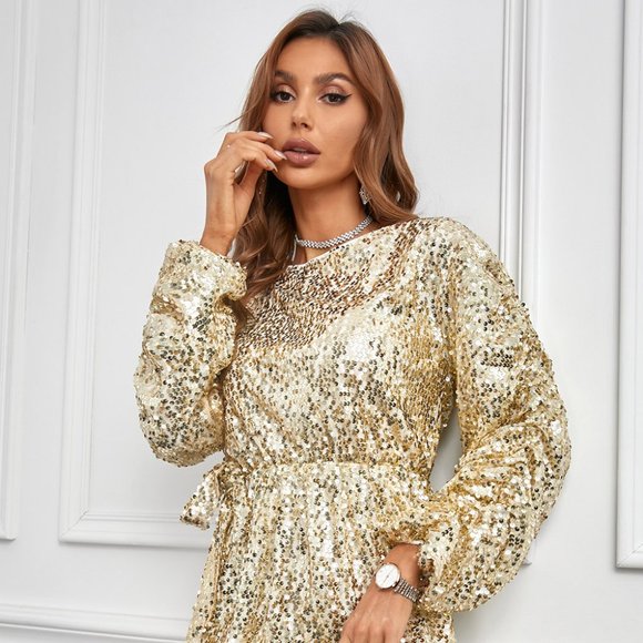 Sequin Long Sleeve Mini Dress - Picture 1 of 7